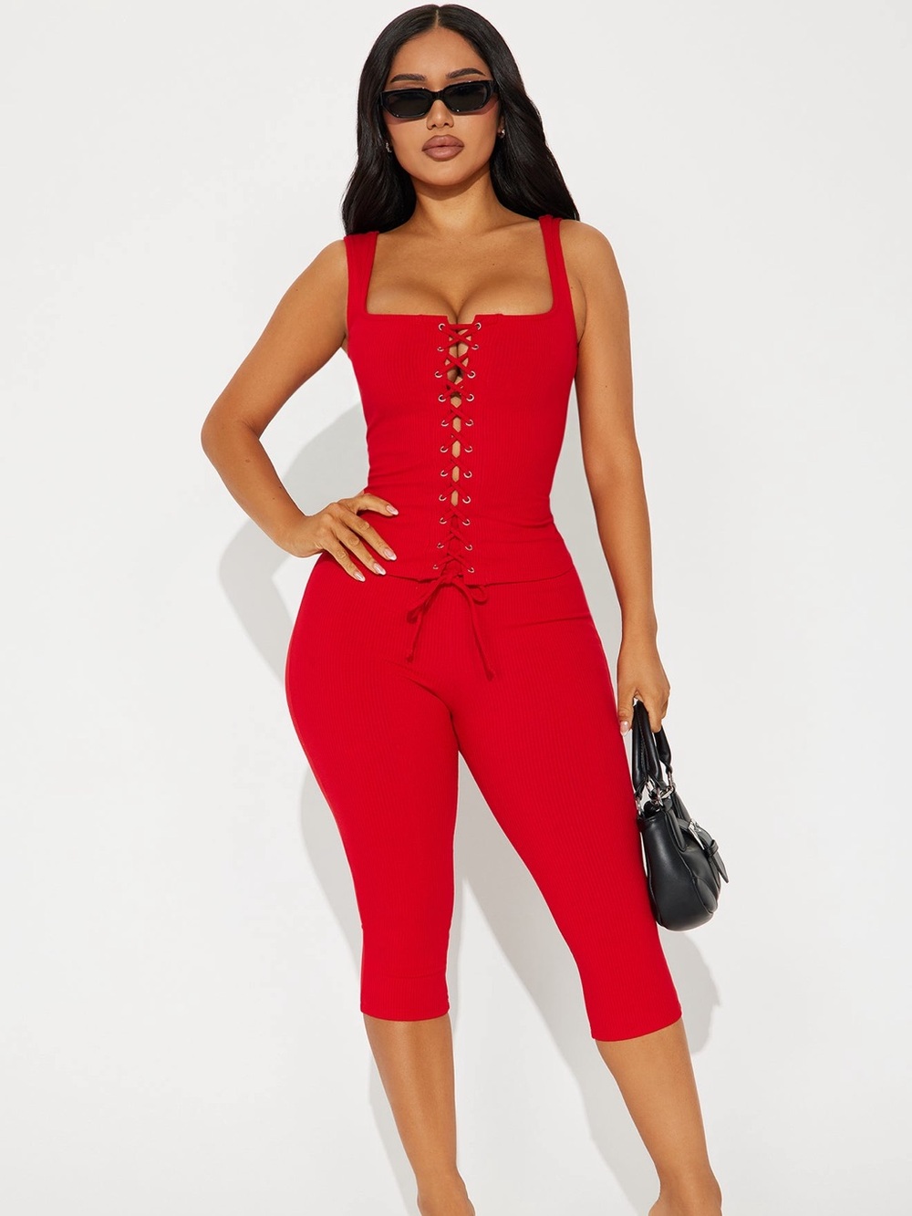 Fashion Nova Red Lace-Up Ribbed Capri Set